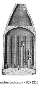 Section of a pottery kiln, vintage engraving. Old engraved illustration of Section of a pottery kiln. Trousset encyclopedia (1886 - 1891).