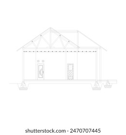 section sketch of a building with wooden roof construction