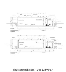section sketch of a large concrete reservoir sketched with dimensions and notations
