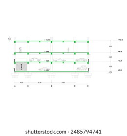 section sketch of a multi-storey building for car parking equipped with dimensions and elevations