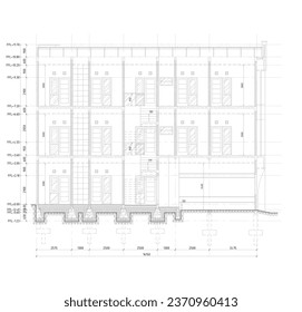 section sketch of a multi-storey building with dimensions and elevation, this building sketch is to see the inside of an apartment building, hotel, boarding house, lodging