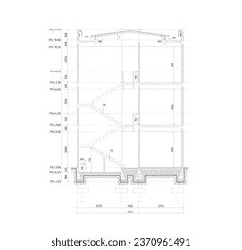 section sketch of a multi-storey building with dimensions and elevation, this building sketch is to see the inside of an apartment building, hotel, boarding house, lodging
