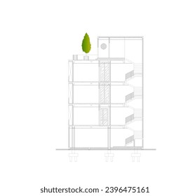 section sketch of a multi-storey building with dimensions and elevations