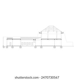 section sketch of a one-story house but large and elongated