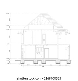 Section sketch residential house to see the interior   construction  from the stone foundation to the lightweight steel roof truss