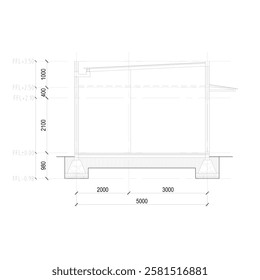 section sketch of a simple box building which can be used as a clinic, minimarket, shop and so on