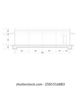 section sketch of a simple box building which can be used as a clinic, minimarket, shop and so on