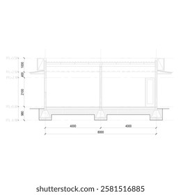 section sketch of a simple box building which can be used as a clinic, minimarket, shop and so on