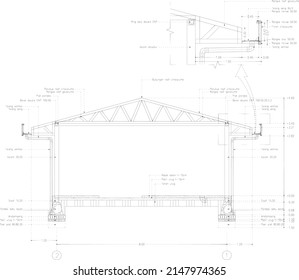 section sketch of a simple market building, this section shows a lightweight steel roof truss and foundation and wall construction