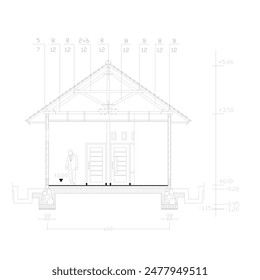 section sketch of a small building with wooden roof frame construction with detailed sizes or dimensions