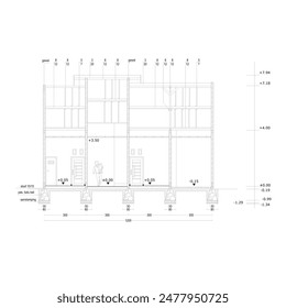 section sketch of a small house building complete with dimensions and elevation