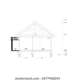 section of a small building with wooden roof construction complete with elevations and dimensions