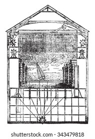 Section of Theater Opera built in the Palais Royal, by Moreau, vintage engraved illustration. Industrial encyclopedia E.-O. Lami - 1875.