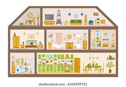 Section of a three-storey house with a kitchen, dining room, laundry room, children's room, bedroom, bathroom, study, boudoir, living room. Illustration of a dollhouse hand-drawn in a flat style.