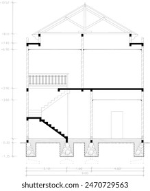 section of a two-story residential building with connecting stairs