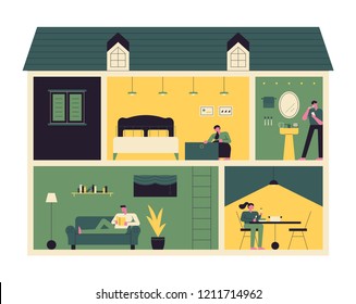 Section view inside the house. A space that shows people's lifestyle. flat design style vector graphic illustration.