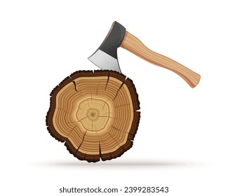 Sectional cut of a tree and an ax isolated on a white background. Vector illustration