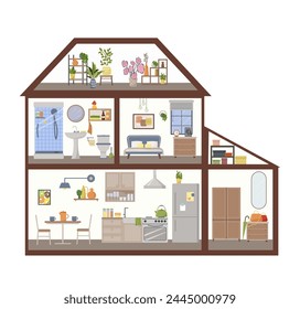 Sectional dollhouse. Furnished rooms with furnishings. Hallway with wardrobe and mirror. Kitchen with furniture and utensils. Bathroom with shower. Bedroom with bed and window. Greenhouse and attic