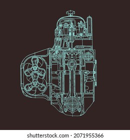 Dibujo Seccional de un motor diesel de dos tiempos de Vintafe con un ventilador. Estilo de contorno. Antecedentes de Ingeniería. Ilustración vectorial.