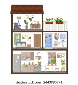 Sectional home interior concept. Cross-section of a doll's house. Furnished rooms. Lounge room with armchair. Bedroom and kitchen. Bathroom with shower. Balcony with plants. Vector flat illustration.