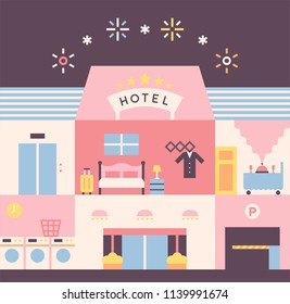 Sectional illustration showing various places of hotel. flat design style vector graphic 