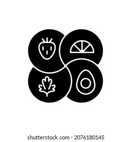 Sectional plate black glyph icon. Divided dish which can contain different foods. Wide variety meals types in one container. Silhouette symbol on white space. Vector isolated illustration