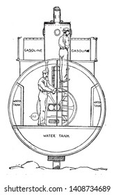 Sectional view of Argonaut where a man steering the third wheel which rests on the ocean bottom, vintage line drawing or engraving illustration.