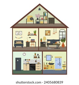 Sectional view of a doll house. Five sections with an attic. Vector flat illustration. Dollhouse interior concept. Living room and bedroom, bathroom and kitchen. For covers and brochures, games for