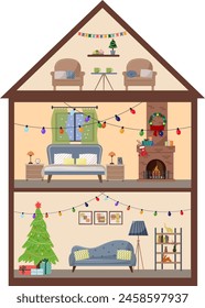 Sectional view of the interior. Sectional house. Christmas and New Year holiday. Furniture and holiday decorations with Christmas tree and fireplace. Vector.