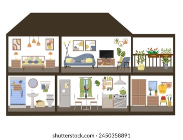 Sectional view of a low-rise sectional cottage. Dollhouse interior concept. Furnished rooms. Hallway and kitchen. Living room and bedroom. Bathroom. Balcony with flowers. Flat style. Vector.