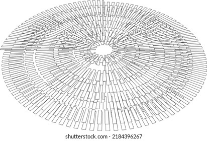 Sectioned circular stripes digitally distorted creating energetic, shaky modern pattern with outlined, monochrome components