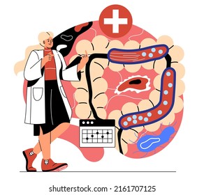 Sections of medicine. Girl evaluates work of intestines, selects best medicines. Biology and anatomy lessons, preparing students for exam or making diagnosis. Cartoon flat vector illustration