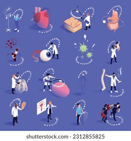 Secciones de medicina Icono isométrico conjunto con anestesiología cardiología dermatología gastroenterología hematología neurología ortopedia y otras descripciones ilustración vectorial