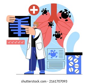 Sections of medicine. Man holds x ray and shows lung diseases. Doctor makes diagnosis and chooses best treatment methods. Bronchial study and scientific research. Cartoon flat vector illustration