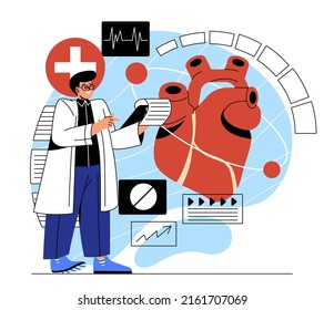 Sections of medicine. Young guy in medical gown evaluates work of heart and frequency of contractions. Scientific research, biology and anatomy. Doctor diagnoses. Cartoon flat vector illustration