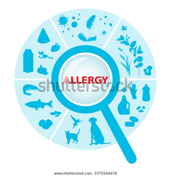 sector with allergens under a magnifier on a\
white background
