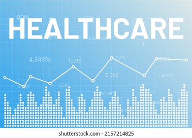 Sector Healthcare On Stock Market Graph On Blue Finance Background With Line, Chart, Columns. Uptrend And Downtrend