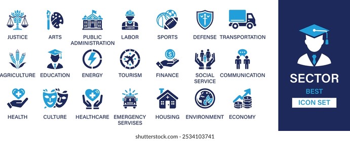 Setor da sociedade melhor coleção de conjuntos de ícones sólidos. Justiça, administração pública, esportes, defesa, agricultura, serviço social e ilustração vetorial.