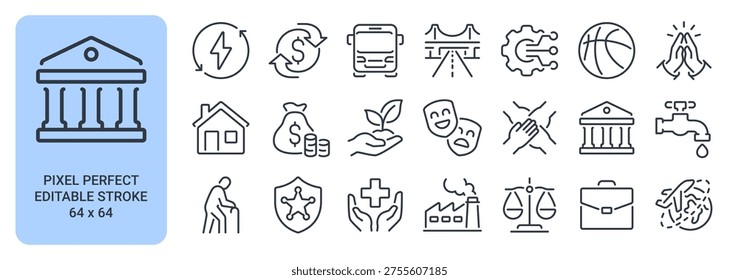 Sector of society editable stroke outline icons set isolated on white background flat vector illustration. Pixel perfect. 64 x 64.