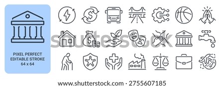 Sector of society editable stroke outline icons set isolated on white background flat vector illustration. Pixel perfect. 64 x 64.