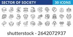 Sector of society icon pack collection set for community people and culture. With education, healthcare, economy, government, industry, technology, environment, culture, agriculture, law, finance