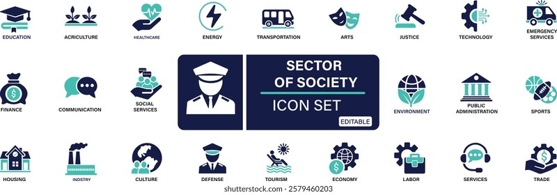 Sector of society icon set. agriculture, education, healthcare, energy, technology, transportation, arts, justice You can easily change the color.