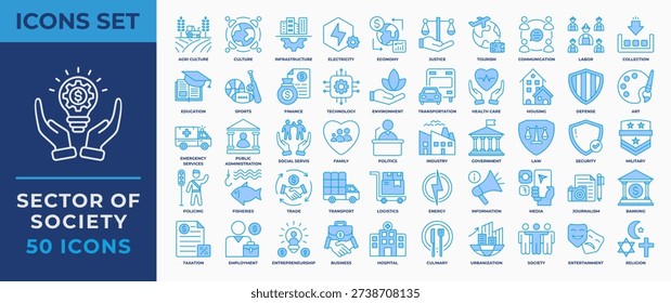 Sector of Society Icon Set Collection. Containing agriculture, economy, healthcare, energy, transportation, technology, education and more. Blue icon vector Illustration.