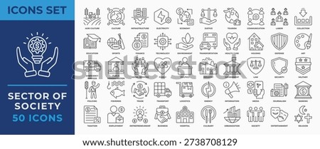 Sector of Society Icon Set Collection. Containing agriculture, economy, healthcare, energy, transportation, technology, education and more. Line icon vector Illustration.