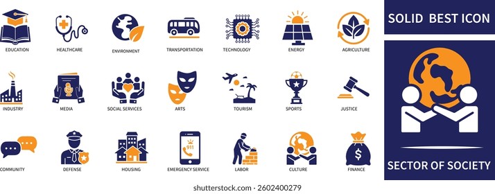 Sector of society icon set Society, Community, Economy, Education, Healthcare, best Quality icons
