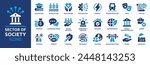 Sector of society icon set. Containing agriculture, education, healthcare, energy, technology, transportation, arts, justice and more. Solid vector icons collection. 