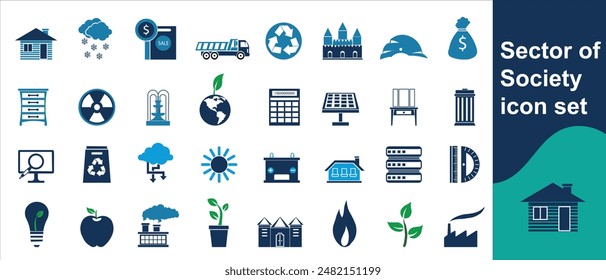 Sector of society icon set. Containing agriculture, education, healthcare, energy, technology, transportation, arts, justice and more. Solid vector icons 