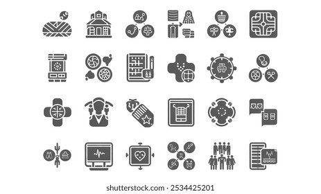 Sektor der Gesellschaft Ikonensatz. Einschließlich Landwirtschaft, Bildung, Gesundheit, Energie, Technologie, Transport, Kunst, Justiz und mehr. Kollektion von durchgezogenen Vektorsymbolen. weißer Hintergrund