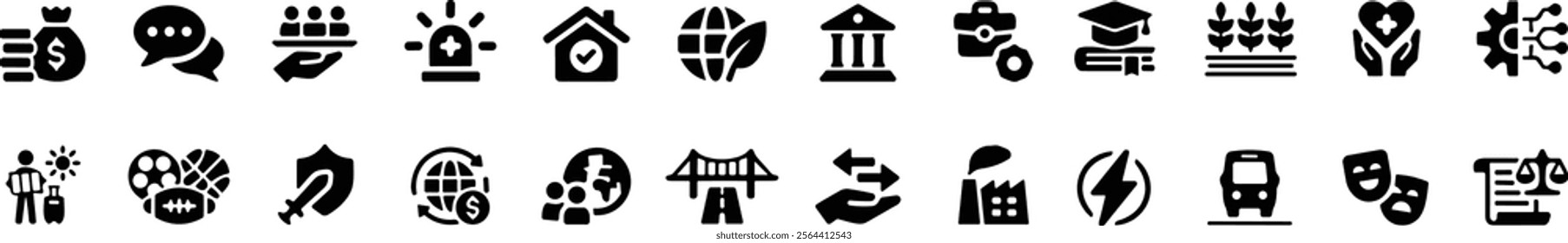 Sector of society icon set. Containing agriculture, education, healthcare, energy, technology, transportation, arts, justice. vector illustration