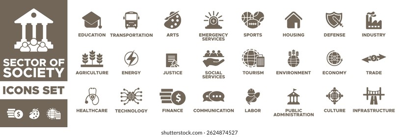 Sector of society icon set. Containing agriculture, education, healthcare, energy, technology, transportation, arts, justice Education, Healthcare, Technology, Finance, Environmen. Solid vector icons.